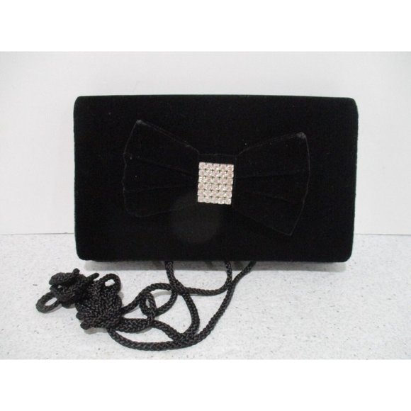 *Vintage Carolyne Barton Black Velvet Rhinestone Bow Evening Wristlet Clutch Bag - Picture 7 of 7